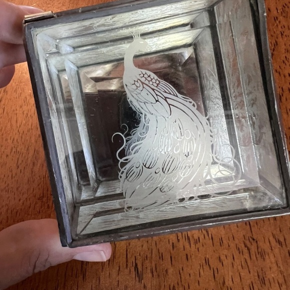 Square Beveled Glass & Metal Footed Jewelry Trinket Box Casket peacock Design 3” - Picture 4 of 9